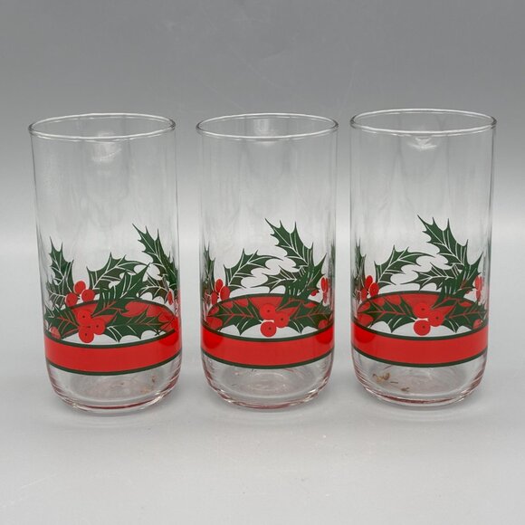 Vintage Christmas Glasses Libbey Holly & Berry Highball Tumblers (Set of 3) - Picture 3 of 5
